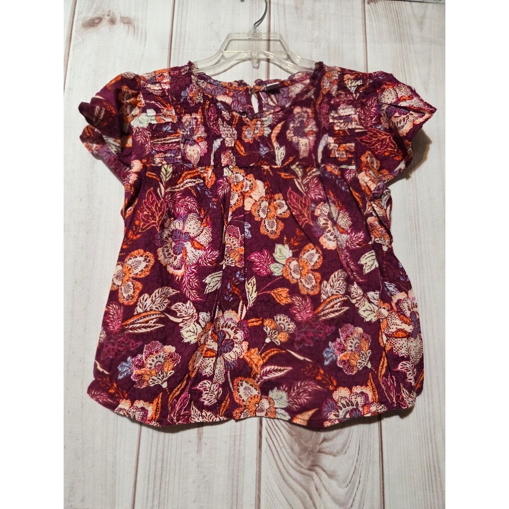 Old Navy Womens Small Floral Blouse Burgundy Purple Flutter Sleeve Pleated Topโ